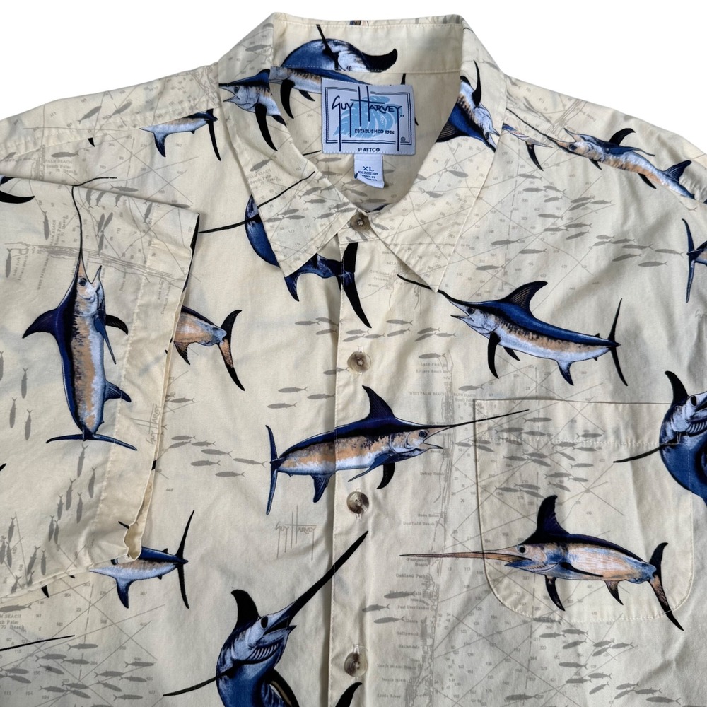 Guy Harvey Men XL Marlin Nautical Map AOP Short Sleeve Button Down Shirt VTG 90s